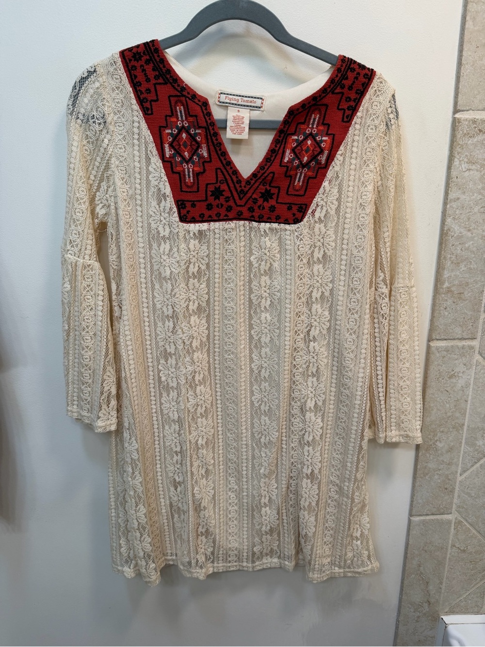 Flying Tomato Cream Lace Tunic with Red  V-Neck